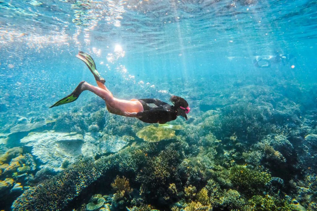 A woman snorkeling in crystal-clear turquoise waters over vibrant coral reefs near Pantai Merah or Pink Beach, Labuan Bajo.