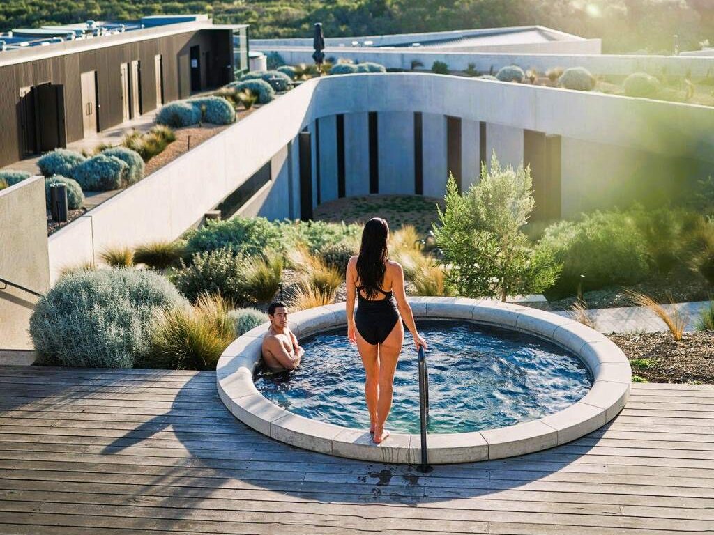 Area santai yang elegan dan modern di dalam Alba Thermal Spring, layanan relaksasi premium dari triplelines private trip winter australia.