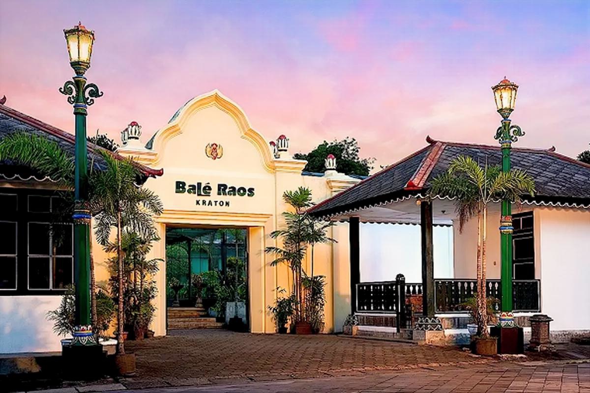 The entrance of Bale Raos restaurant in the Keraton Yogyakarta area, featuring traditional Javanese architecture and elegant green lamp posts during twilight.
