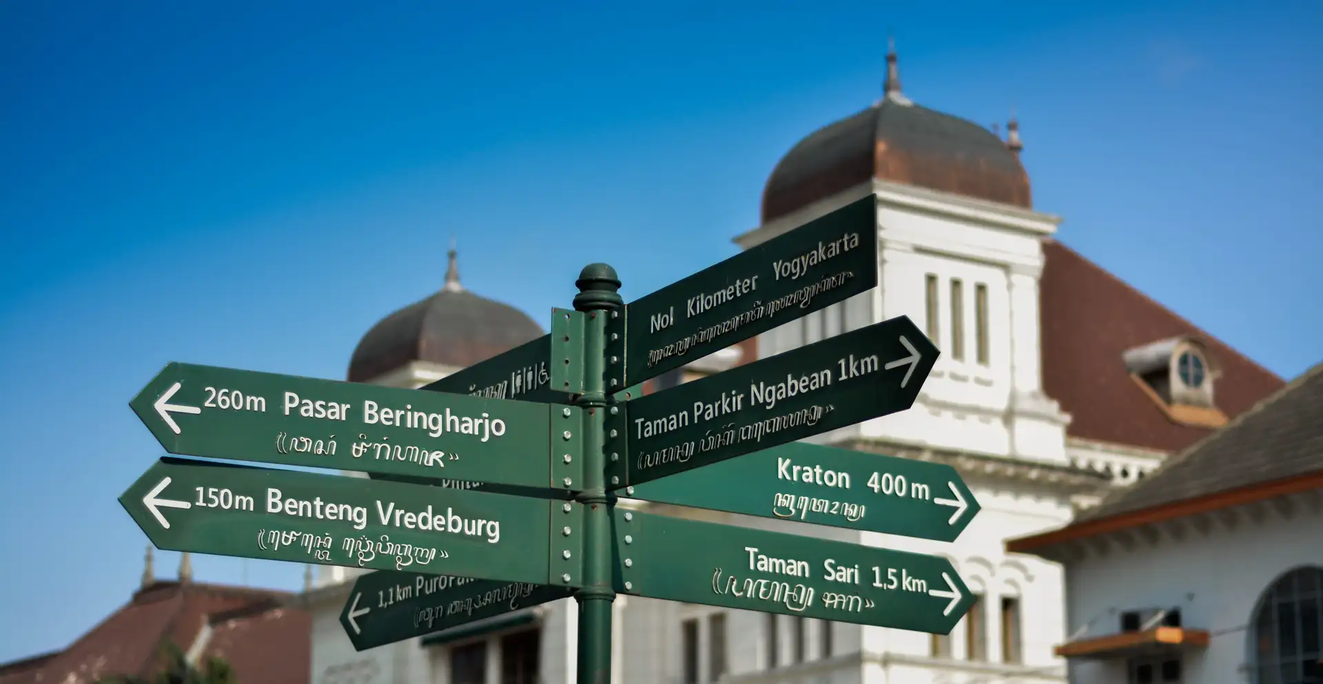 A green multi-directional street sign in Yogyakarta pointing toward landmarks like Malioboro, Beringharjo Market, and the Keraton, with Javanese script included.